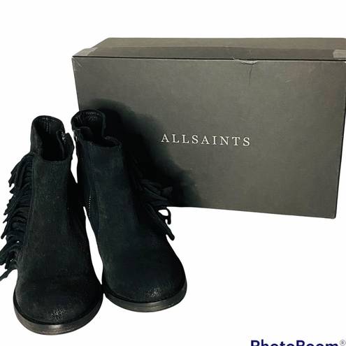 All Saints Bonny West Black Suede Fringed Booties Boots Size 5 / 36