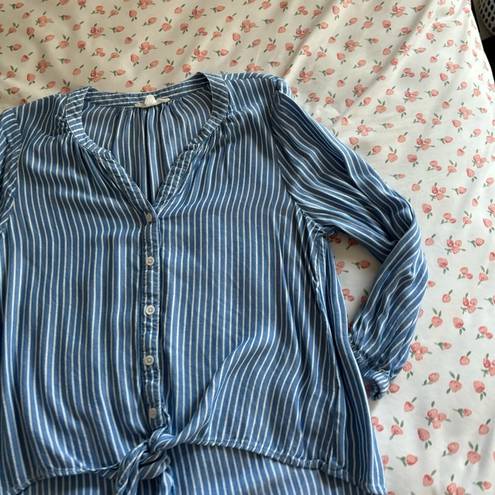 Beach Lunch Lounge Blue Striped Tie Front Flowy Blouse Size Medium