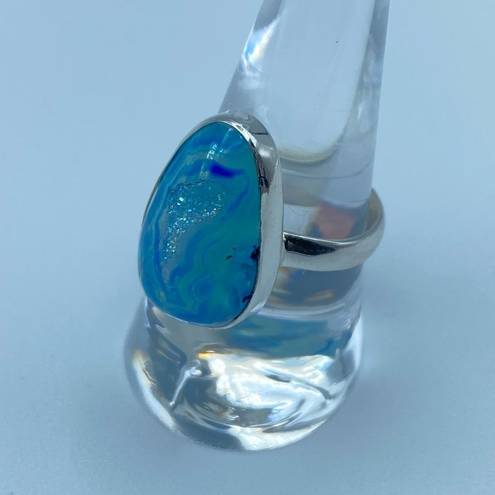 Aura Marine Blue  Druzy Sterling Silver Ring Jewelry Size 9