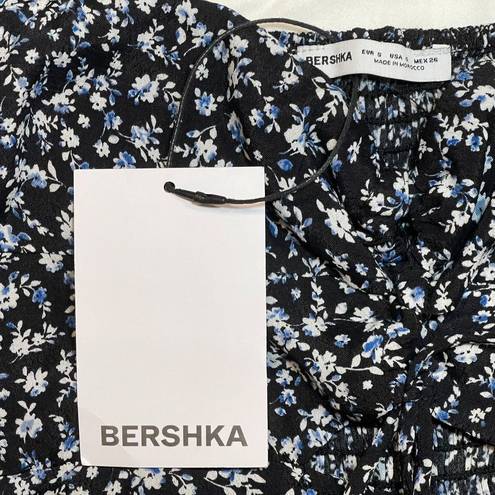 Bershka | NWT Black Floral Short Sleeve Cut-Out Print Midi Dress | Small