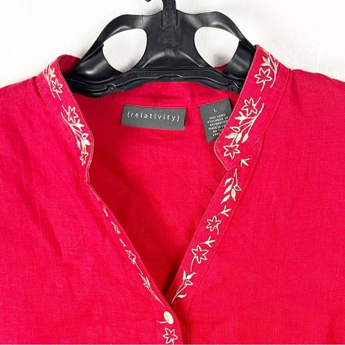 Relativity  100% Linen 3/4 Sleeves Red Button Gold Embroidery Trim Top, Large