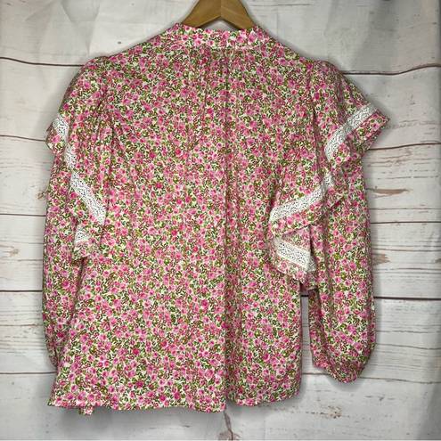 Who What Wear  • Blouse • 3/4 Sleeves • White Pink Green • Lace • Floral • M