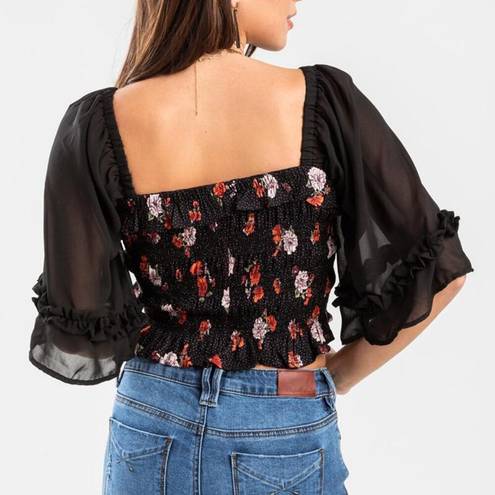 Angie  | Crissa Smocked Floral Black Crop Blouse L