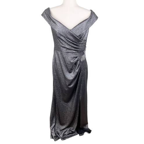 Oleg Cassini  Beaded Ruched Metallic Off-Shoulder Sheath Gown Gunmetal Size 12