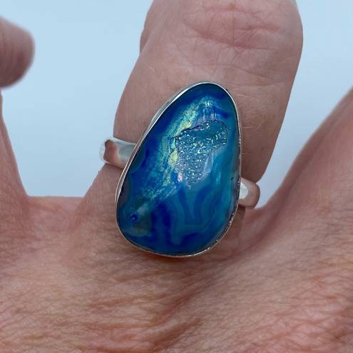 Aura Marine Blue  Druzy Sterling Silver Ring Jewelry Size 9