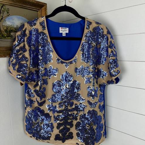 Tracy Reese  Neiman Marcus Sequin Top Short Sleeve Blue Nude Size Medium