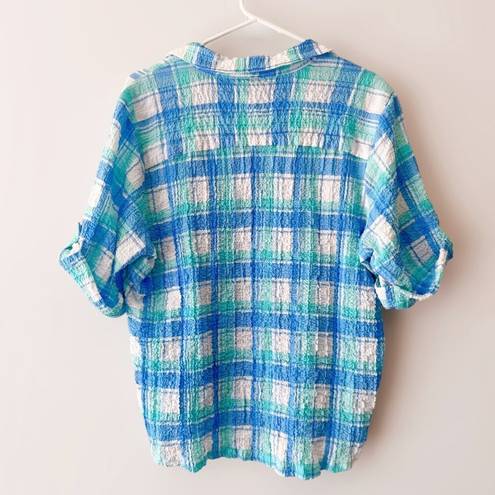 Cathy Daniels  Women's Blue Multi Plaid Crinkle Short Sleeve Shirt Top Size XXL