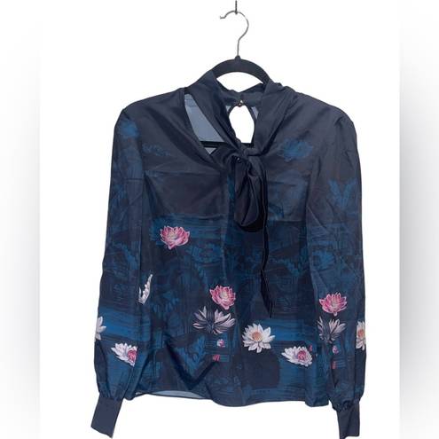 Ted Baker  LONDON Blue Kalinna Pomegranate Tie Neck Top in Navy