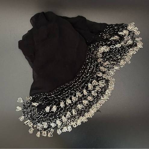 Sheer Black Scarf With Detailed Lattice Trim With Silver Hand Beaded Poms