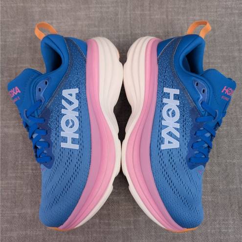 Hoka ONE ONE Bondi 8 Coastal Sky All Aboard Blue Pink Womens Sneaker 5D WIDE