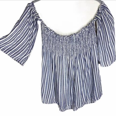 Paper Crane Striped Off Shoulder Smocked Rayon Top Blue & Off White Womens Med