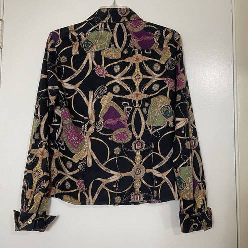 St. John  Sport Equestrian Print Gold Black button down shirt size Small