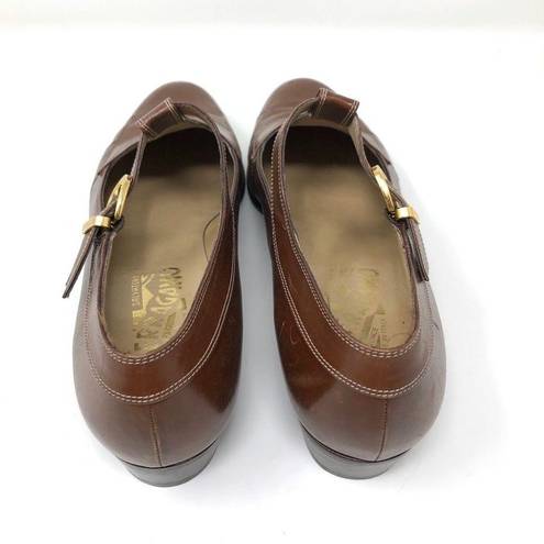 Salvatore Ferragamo leather T-strap buckle flats, size 9.5 2A