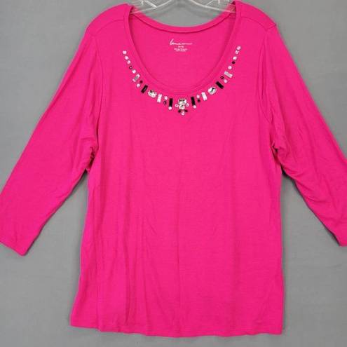 Lane Bryant  Women Shirt Size 14 Pink Stretch Preppy Beaded Scoop Chic 3/4 Sleeve
