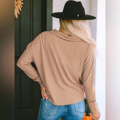 Edge NEW Tan Waffle Knit V Neck Collared Long Sleeve Top with Raw  Stitching