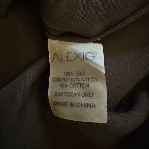 Alexis  Silk Lace Trim Mock Neck Blouse with Faceted Buttons Black Size L