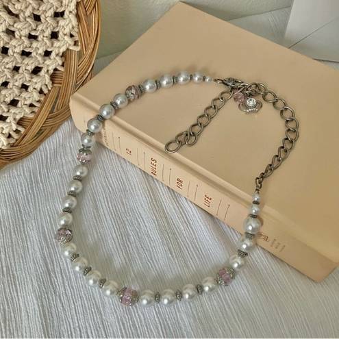 American Vintage Vintage “Laetitia” Silver Purple Pearl Necklace Chunky Chain Clasp Crown Y2K