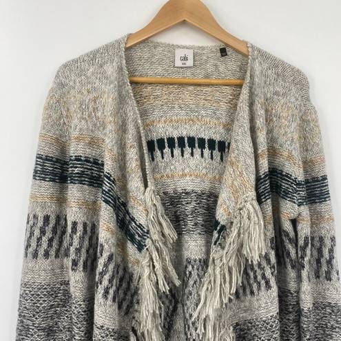 CAbi  Shetland Fringed Cardigan Sweater Open Front Longline Duster Gray Cream XXS