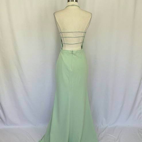 AQUA Women's Formal Dress by  Size 8 Green Crepe Beaded Backless Long Halter Gown