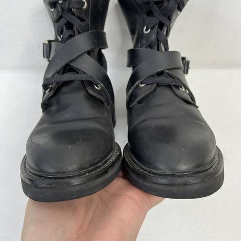 All Saints Size 36 5 Combat Boots Black Leather Criss Cross Buckle Strap READ