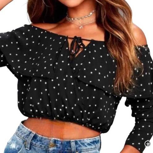 Honey Punch  metallic star print off shoulder crop top