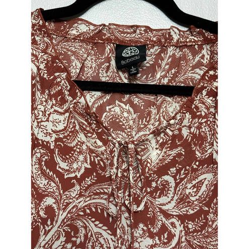 Bobeau  Womens Blouse Brown White Paisley Long Sleeve Tie Keyhole Lined L New