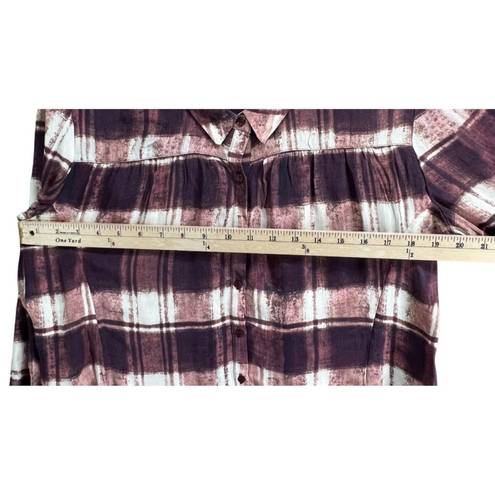 Garnet Hill  Womens Plaid Crepe Tunic Top 6 Brown White Long Sleeve Half Button