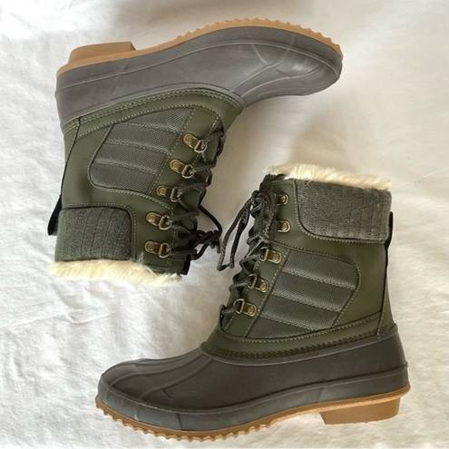 Khombu  Faux Fur Duck Boots Booties Kathleen Waterproof Olive Green Sz 11 New