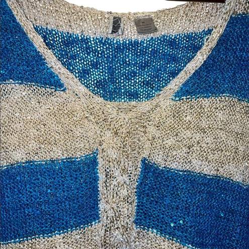 BKE  blue and tan striped sequin shirt sleeve knit sweater size M