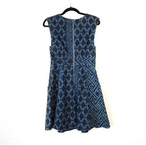 Tracy Reese Plenty by  Blue Patterned Denim Fit & Flare Dress Size 4