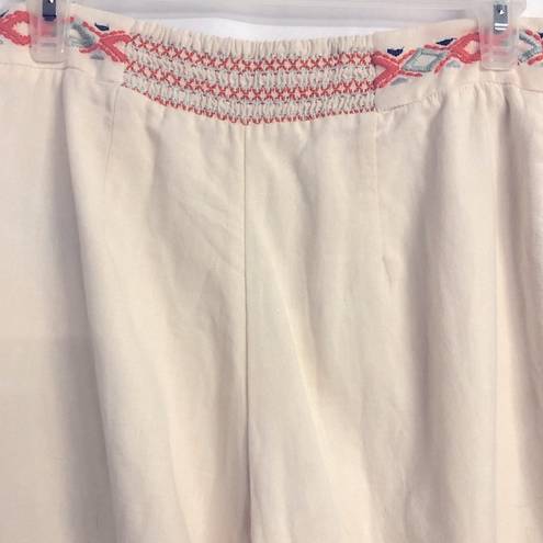 Anthropologie  Wide Leg Boho Embroidered Linen Pants with Pockets White 0
