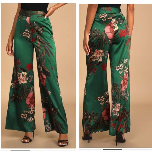 Lulus  Thriving Vibes Green Floral Print Satin Wide-Leg Pants size Medium