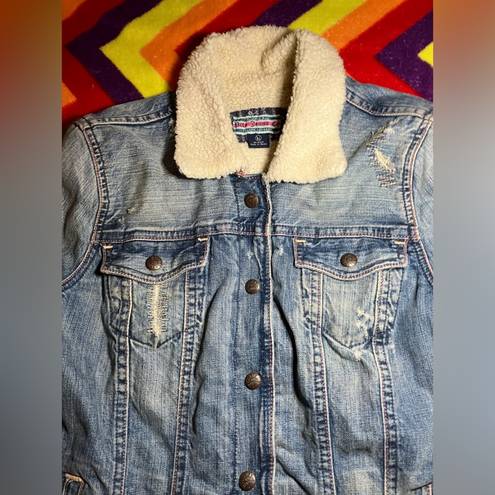 Polo Vintage  Ralph Lauren no 67 distressed denim jean jacket Sherpa size M EC