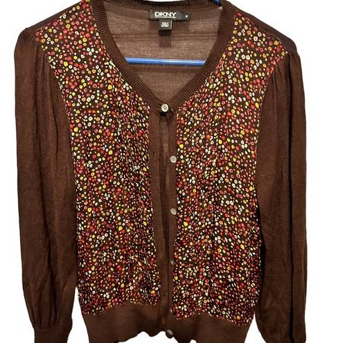 DKNY  100% Tussah Silk
Blouse Sweater Cardigan
Brown Floral size Medium