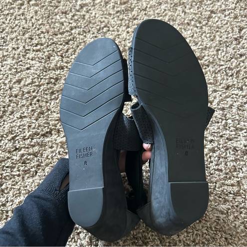 Eileen Fisher  Kes Perforated Nubuck Wedge Sandals in Black Size 8