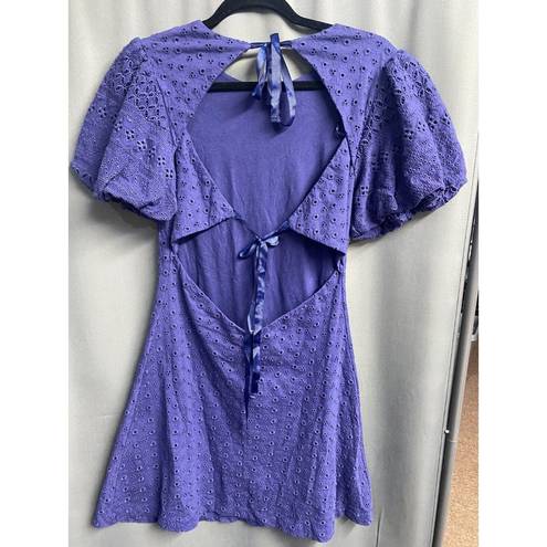 Free People  Mini Dress Women's XS Blue Eyelet Lace up Cut out Puff Sleeve B71