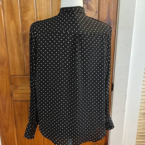 Who What Wear  Black White Polkadot Long Sleeve Top neck tie Bow Medium Button Up