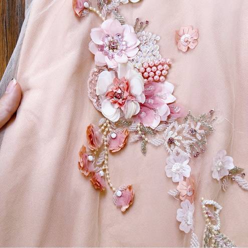 Notte Marchesa  • 3/4-Sleeve Beaded Tulle Gown peach blush pink floral embroidery