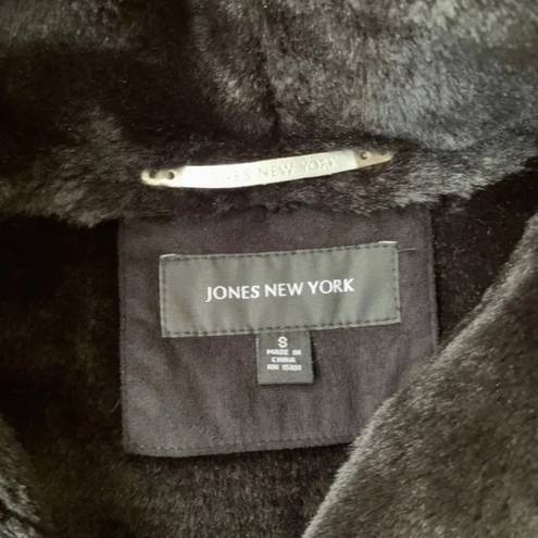 Jones New York  Black Faux Suede Coat Faux Fur Trim & Lining, Size S