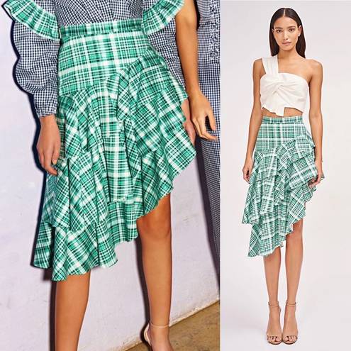 AMUR Skirt Pippie Asymmetrical Ruffle Plaid Green 2 GUC