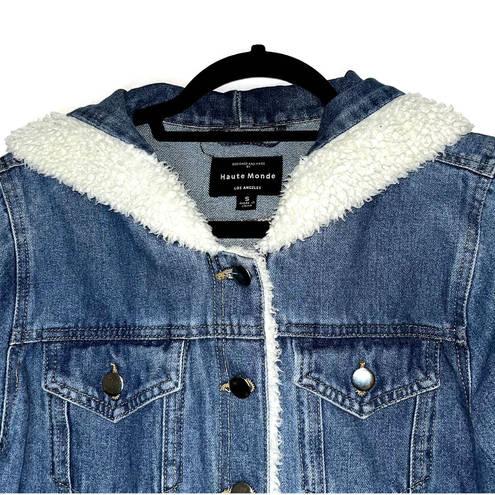 Haute Monde  Women's Denim Jacket, Faux Fur Hood Open Front Button Closure S NWOT