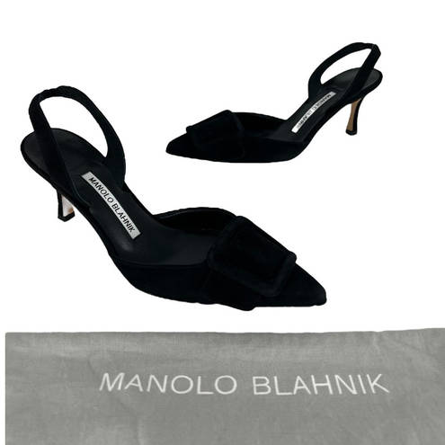 Manolo Blahnik  Maysli 70 Buckled Suede Slingback Pumps in Black