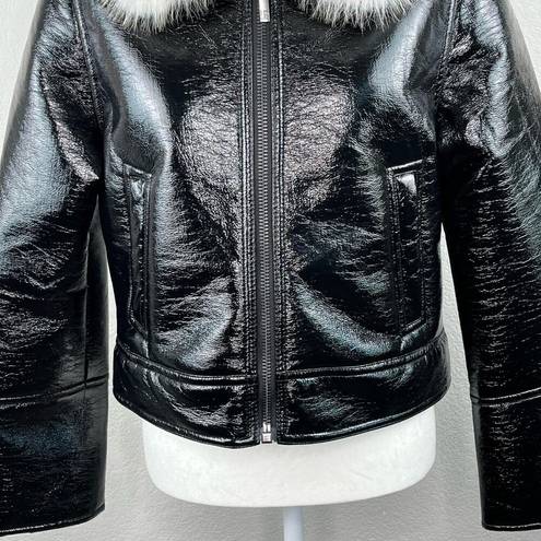 Unreal Fur Wet Look Aviator Biker Jacket Faux Leather & Fur Black Size Small NWT