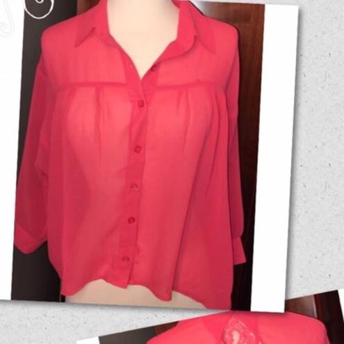 Kirra  - Coral sheer button blouse with lace back