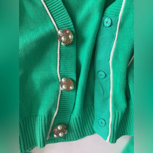 CAbi  Wallis Retro Cropped Burst of MintJulep Green Cardigan Embellished Buttons