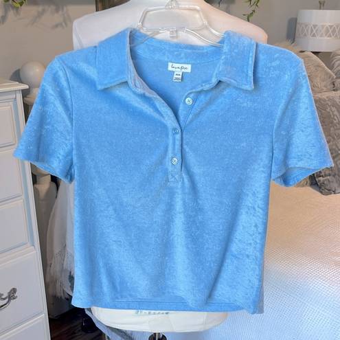 Polo Baby Blue Terry Top Button  Short Sleeve Crop Womens Small NEW