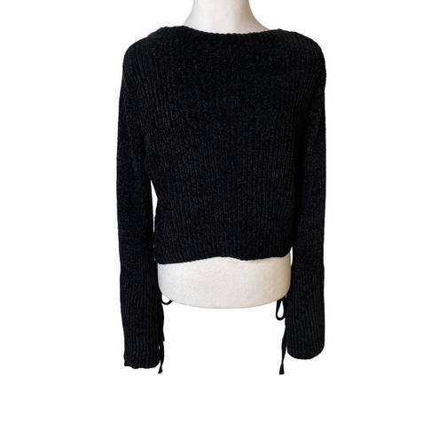 Lovers + Friends  Sweater Cropped Chenille Tie Bell Sleeve Scoop Neck Black Small