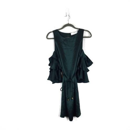 Amanda Uprichard  Green 100% Silk Ruffled Cut Out Shoulder Mini Dress Small