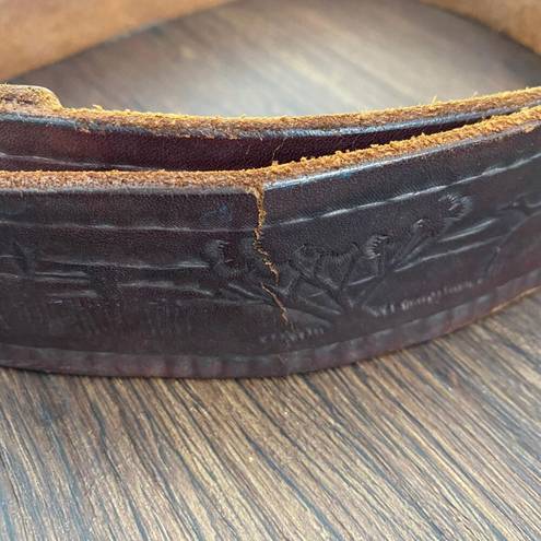Vintage brown tooled leather western brass clasp belt