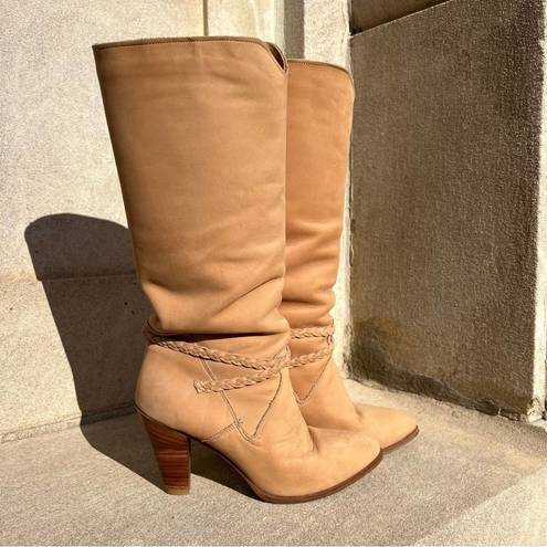 Dingo Vintage  80s high heeled suede yellow tan leather braid detail boots